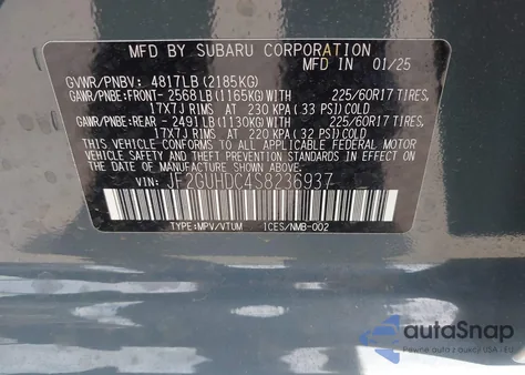 2025 Subaru Crosstrek Premium из США, поврежденный, VIN JF2GUHDC4S8236937